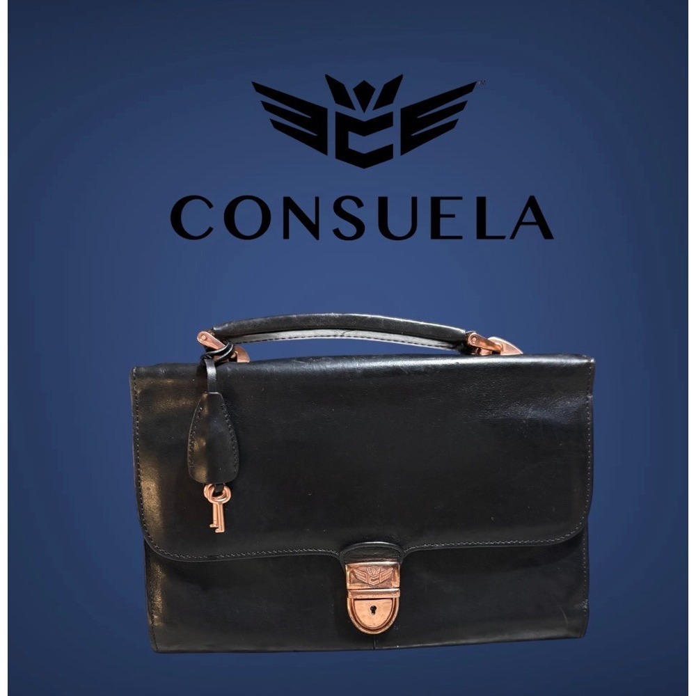 Consuela Signature Boyfriend Clutch Black Leather Rose Gold Hardware
